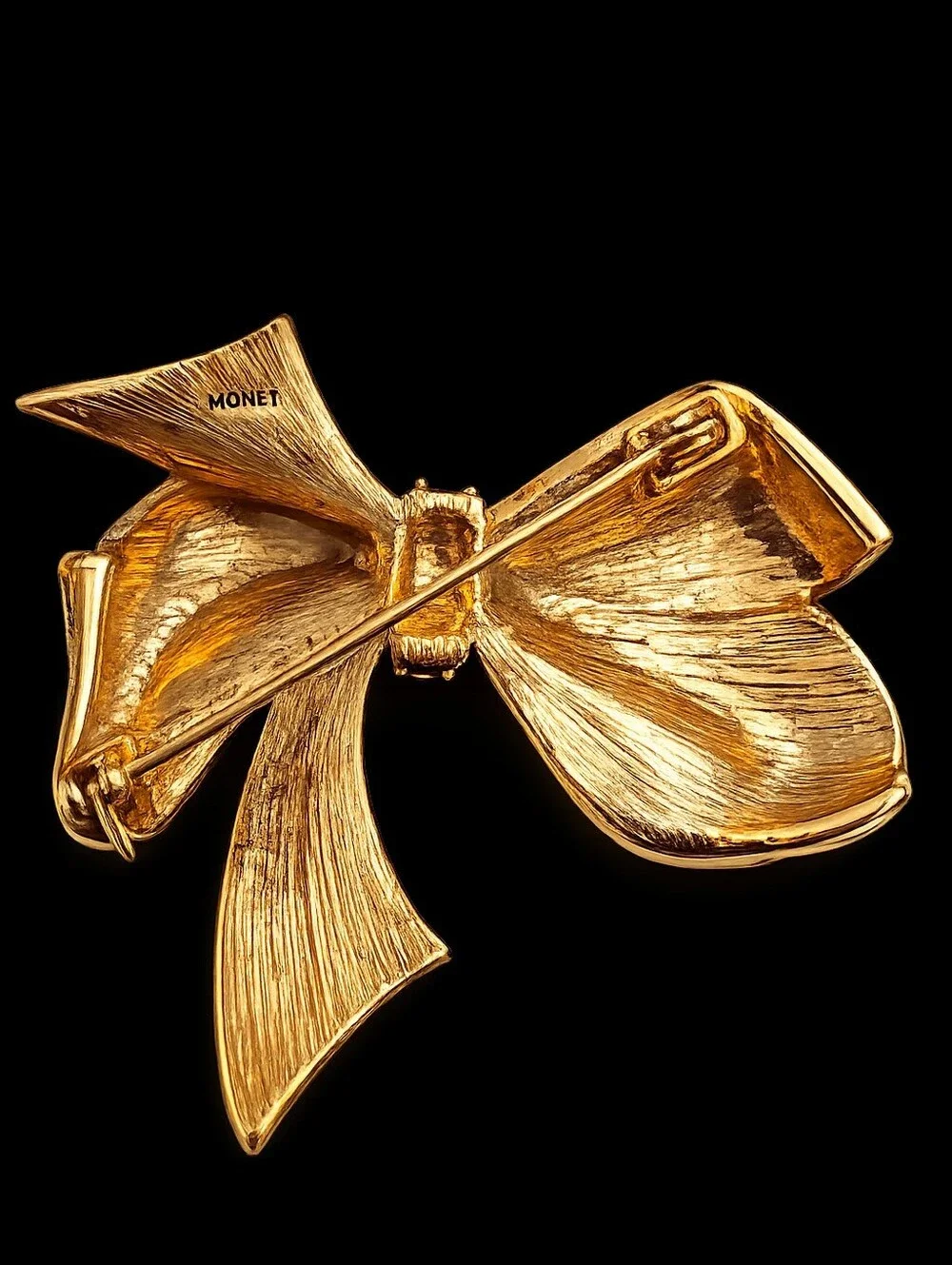 Vintage Signed Monet Gold Tone Red Enamel Bow Brooch with Rhinestones